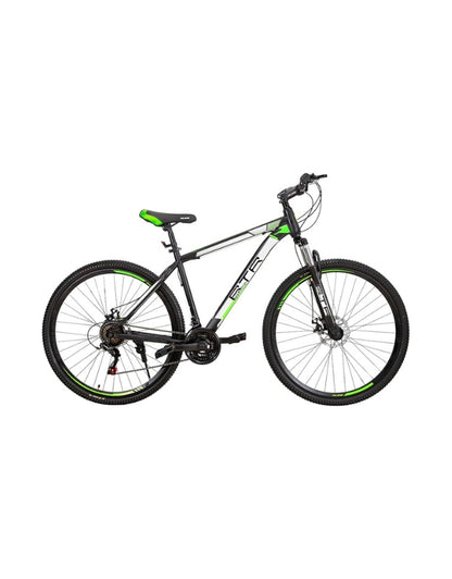 RTR 27.5-inch mountain bike in black with green accents, full side view with front suspension and disc brakes