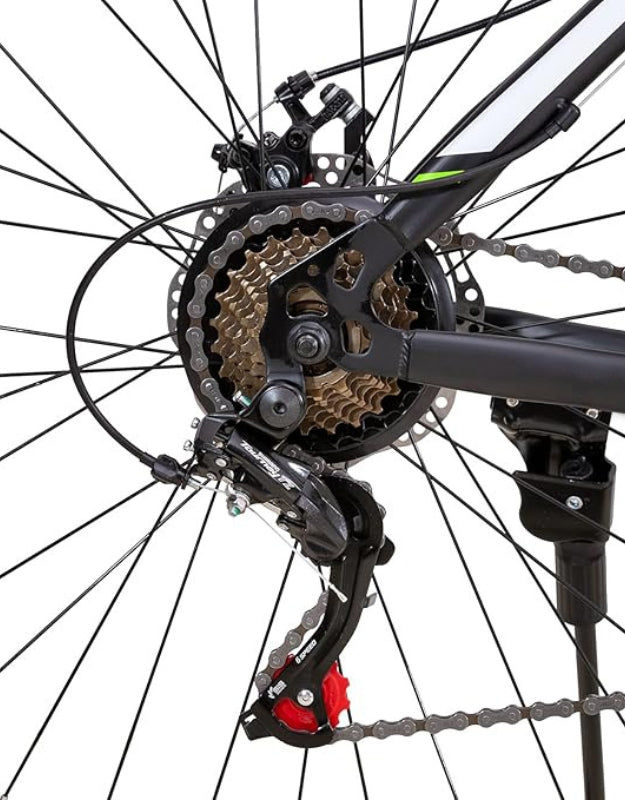 RTR 27.5-inch mountain bike rear derailleur, chain, and gear system close-up.