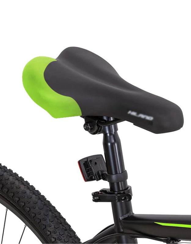 RTR 27.5-inch mountain bike saddle, black and green padded seat close-up.