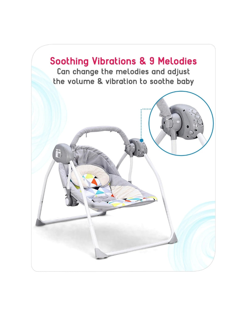 Remote Control Rocking Chair showing controls for 9 melodies and soothing vibrations to comfort baby.