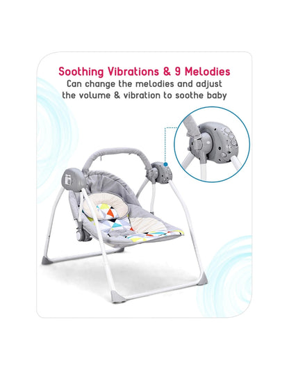 Remote Control Rocking Chair showing controls for 9 melodies and soothing vibrations to comfort baby.