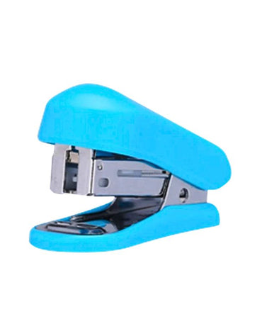 Side view of a blue mini stapler with visible metal stapling mechanism.