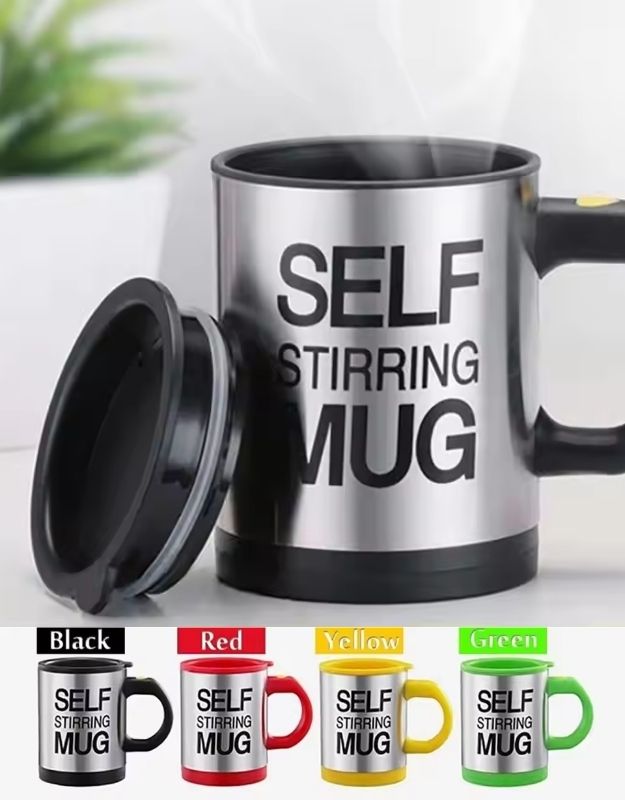 Self-stirring mug with lid and available in multiple colors black, red, yellow, and green.