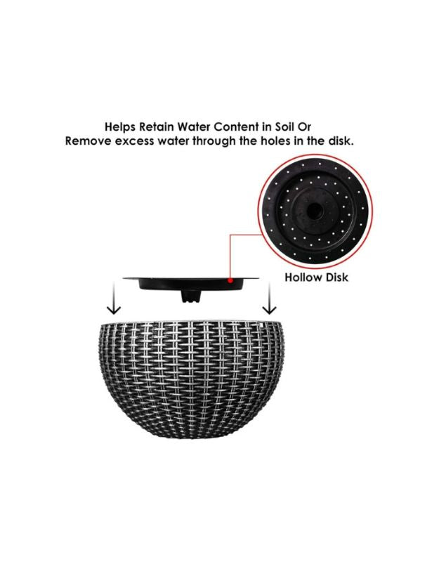 Self-watering hanging planter with hollow disk for soil moisture control and drainage.