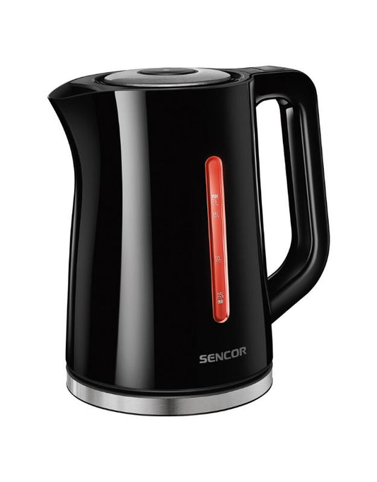 A black Sencor electric kettle with a digital temperature control display.