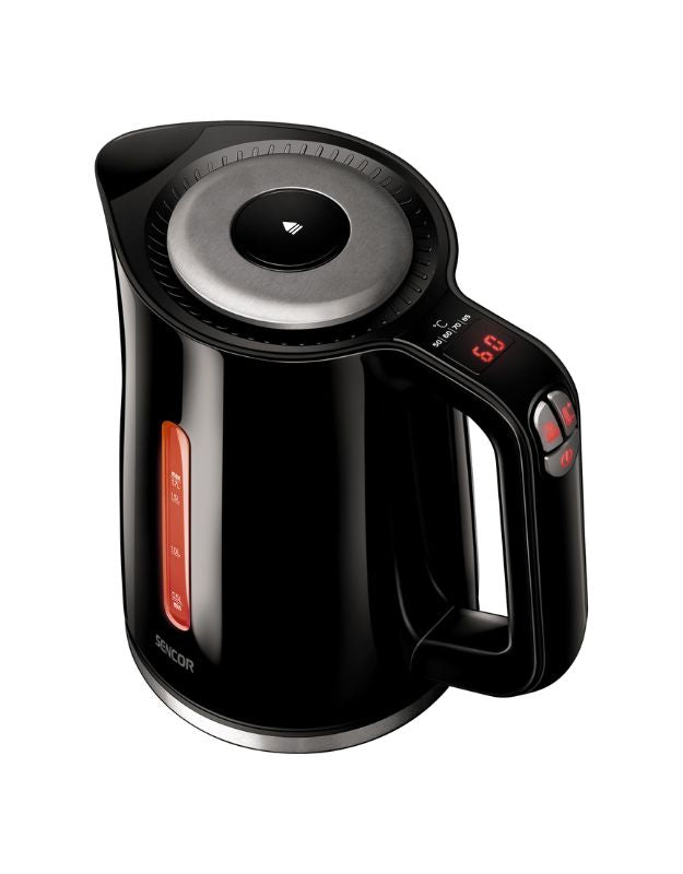 Sencor electric kettle with digital temperature control buttons.
