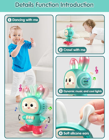 A young baby, dressed in blue, sitting on the floor and smiling while reaching for the cute walking rabbit toy