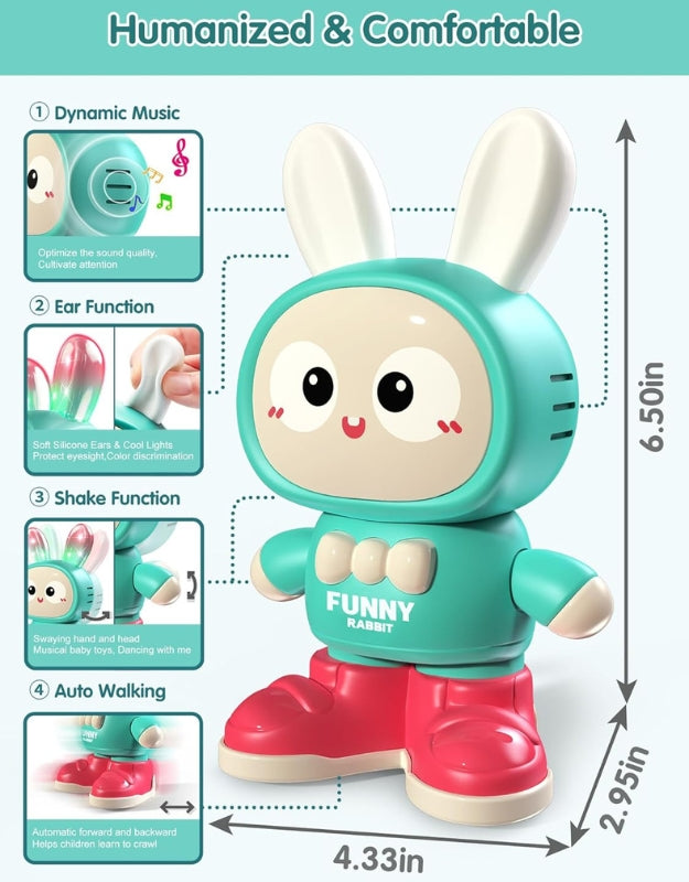 A young child holding the walking and moving rabbit toy, showing its size in relation to a child's hands