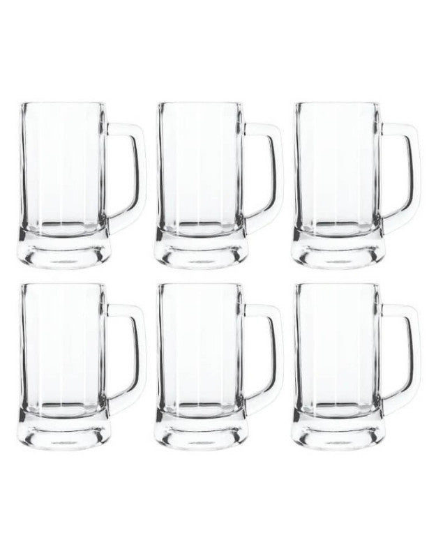 Set of six clear glass mugs on a white background. Set of six clear glass beer mugs with handles.