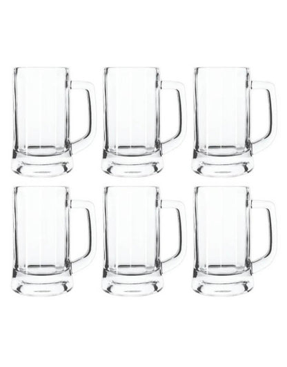 Set of six clear glass mugs on a white background. Set of six clear glass beer mugs with handles.