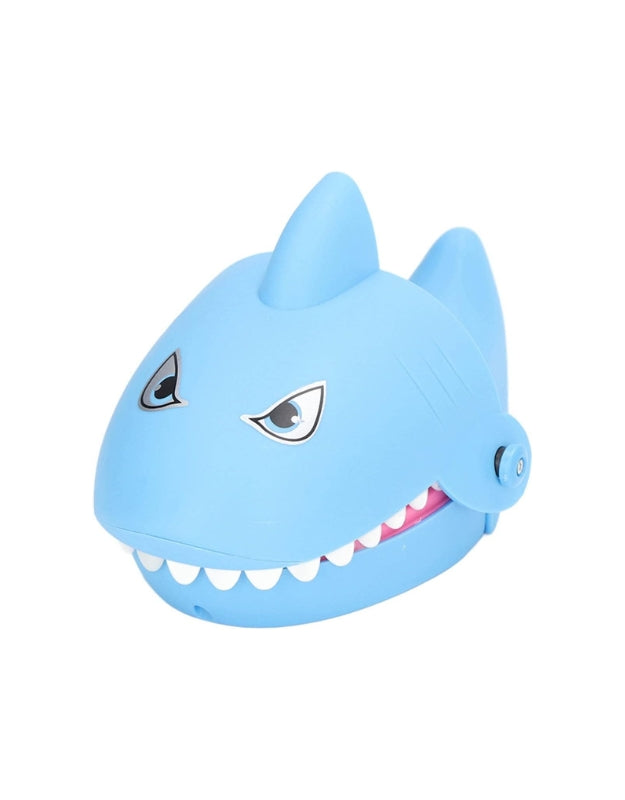 A simple, front-view product shot of the blue "Shark Dentist" toy with its mouth closed.