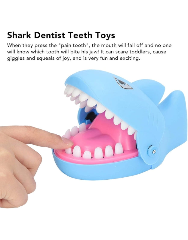A product image of the blue "Shark Dentist Teeth Toys" game with text that explains the rules and highlights it as a fun, exciting game