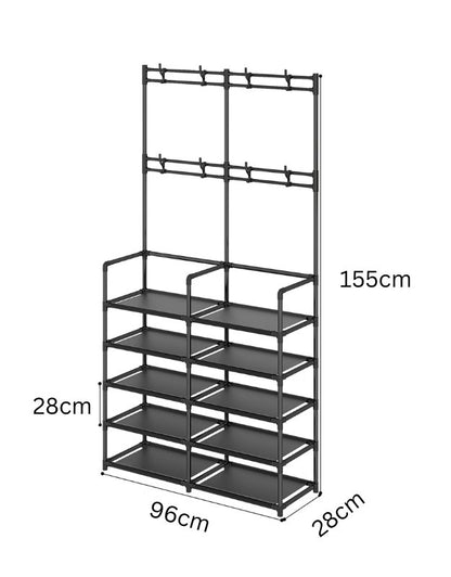 Black metal shoe rack and coat hanger with 96cm width, 28cm depth, and 155cm height.