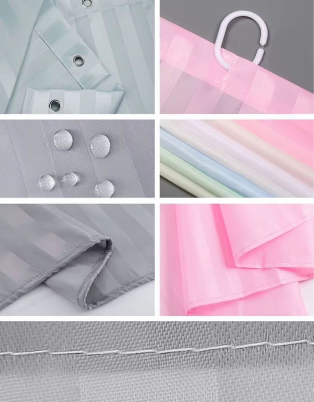 Closeup of pink and gray striped shower curtain fabric and stitching.