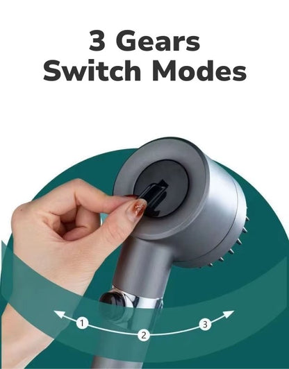 Hand adjusting a three-gear switch with descriptive text. Filtered shower head with 3 adjustable spray modes switch.