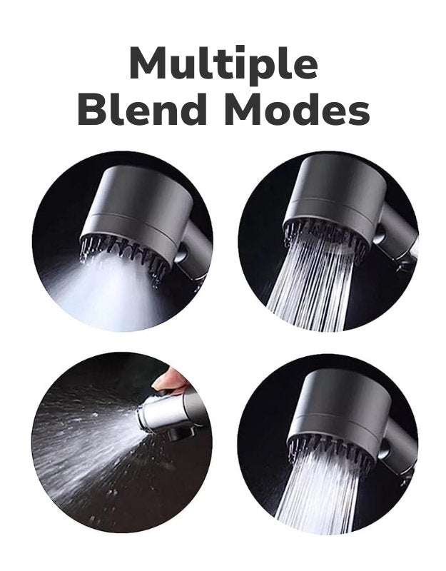 Shower head with water demonstrating multiple blend modes on a white background. Shower head with multiple spray modes for different water flow styles.