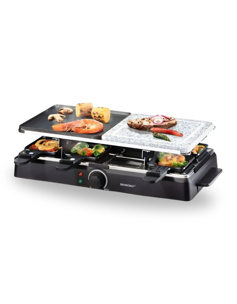 Silver Crest 1300W raclette grill with granite and nonstick grill plates cooking shrimp, vegetables, and meat