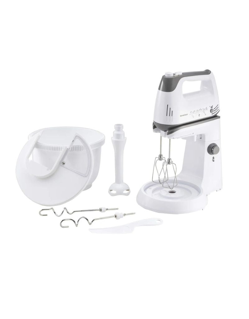 Silver Crest 300W stand mixer with detachable bowl, hand mixer, and complete accessory set