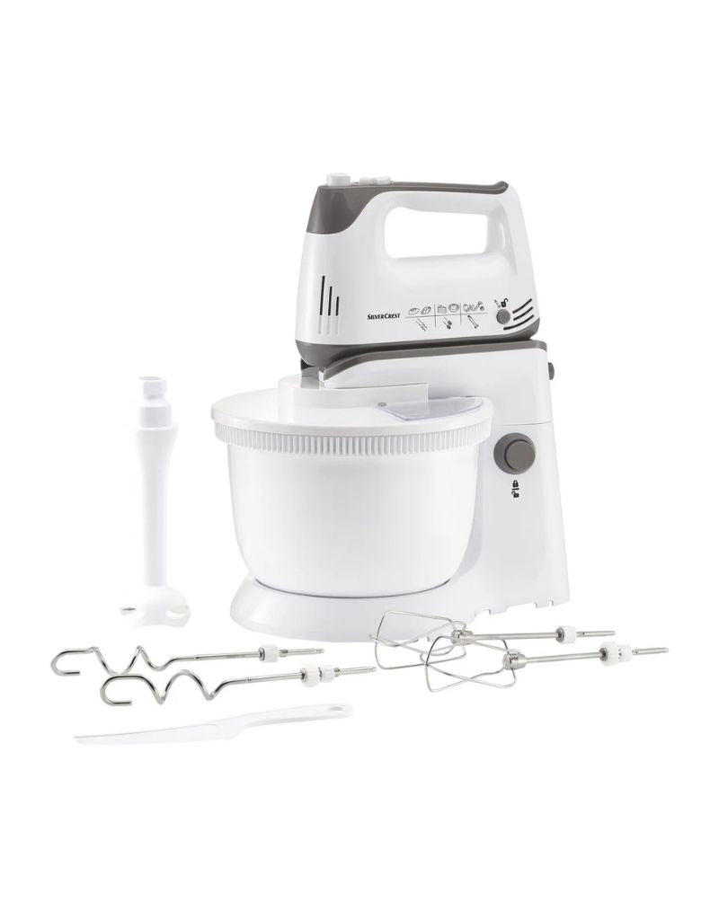 Silver Crest 300W mixer with mixing bowl, beaters, dough hooks, and blending accessories