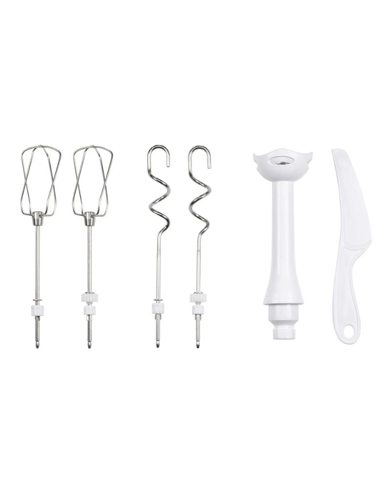 Set of Silver Crest mixer accessories including dough hooks, beaters, hand blender, and spatula