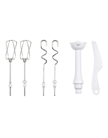 Set of Silver Crest mixer accessories including dough hooks, beaters, hand blender, and spatula