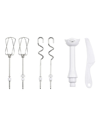 Set of Silver Crest mixer accessories including dough hooks, beaters, hand blender, and spatula