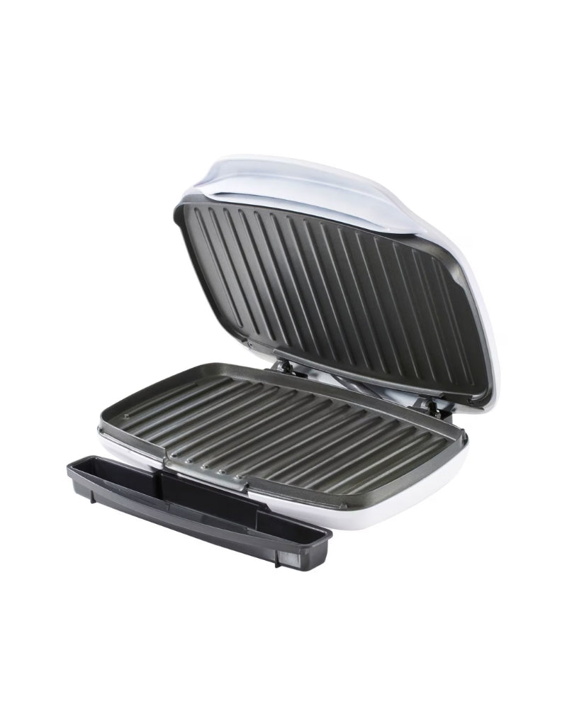 Silver Crest 1000W contact grill open with non-stick plates and removable drip tray on white background
