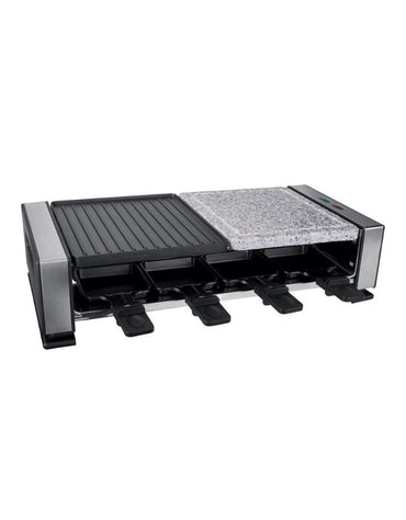 Silver Crest 1400W Raclette Grill with granite stone and non-stick grill plates shown empty with 8 raclette pans