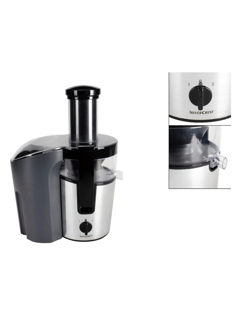Silver Crest Juicer 800 W with close-up of speed control dial and juice spout details
