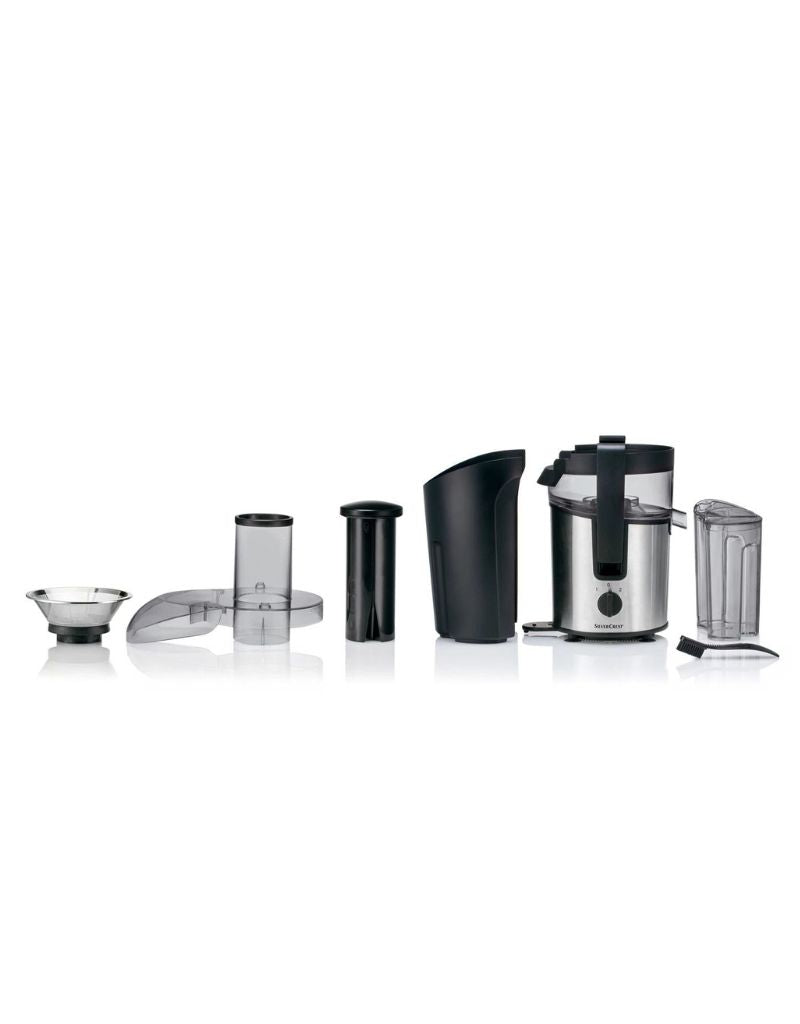 Silver Crest Juicer 800 W fully disassembled showing all parts including filter, pusher, jug and lid

