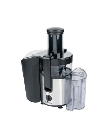 Silver Crest Juicer 800 W 1 L capacity with transparent jug and black plastic top on white background