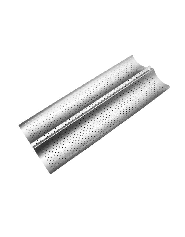 Perforated metal sheet on a white background. Single perforated baguette baking mold for homemade French bread.