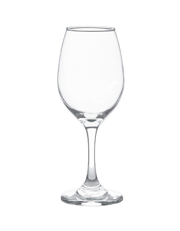 Clear wine glass on a white background. Clear empty wine glass with tall stem, isolated on white background.