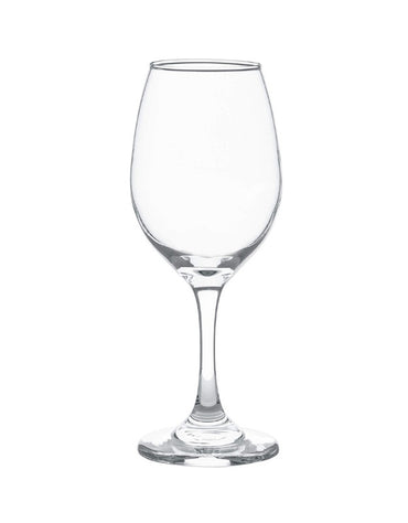 Clear wine glass on a white background. Clear empty wine glass with tall stem, isolated on white background.