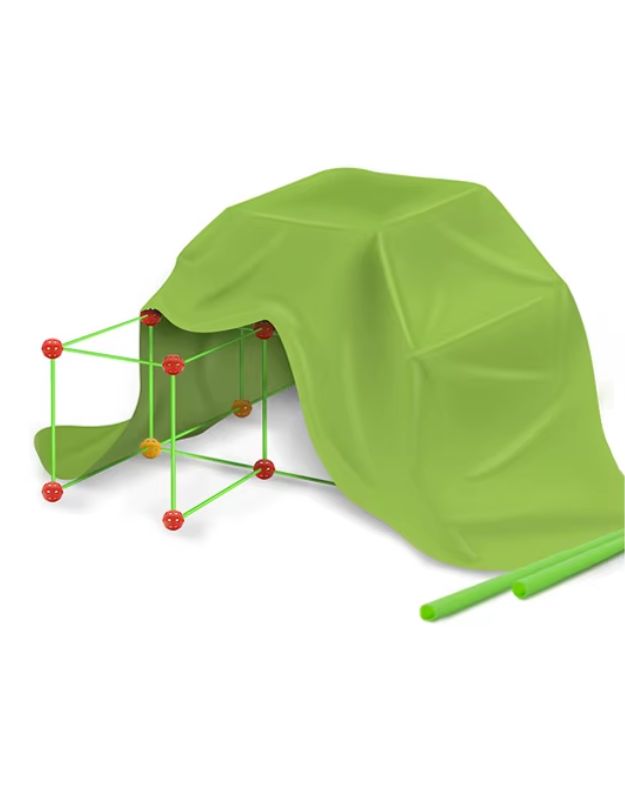 Small fort playhouse built with Magic Fort kit and covered with green fabric sheet.