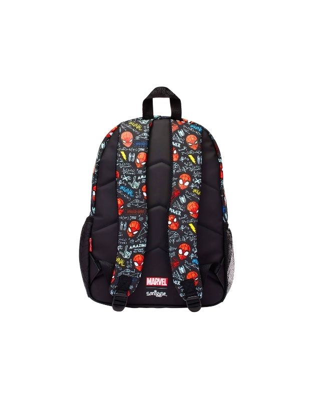 Back view of Smiggle 15" Marvel Spiderman Classic School Backpack showing padded straps with Spiderman print.