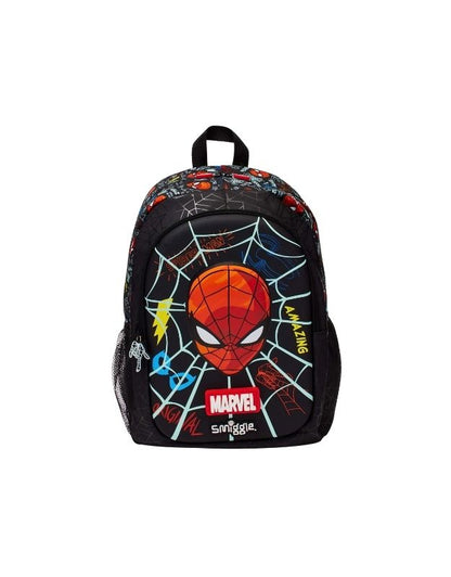 Front view of Smiggle 15" Marvel Spiderman Classic School Backpack with colorful web pattern and Spiderman logo