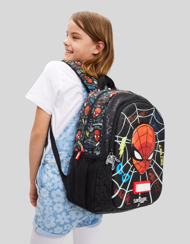Child wearing Smiggle 15" Marvel Spiderman Classic School Backpack with bold web and Spiderman face design