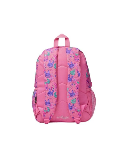Smiggle 15 inch pink 3D bunny school backpack with adjustable padded straps – back view