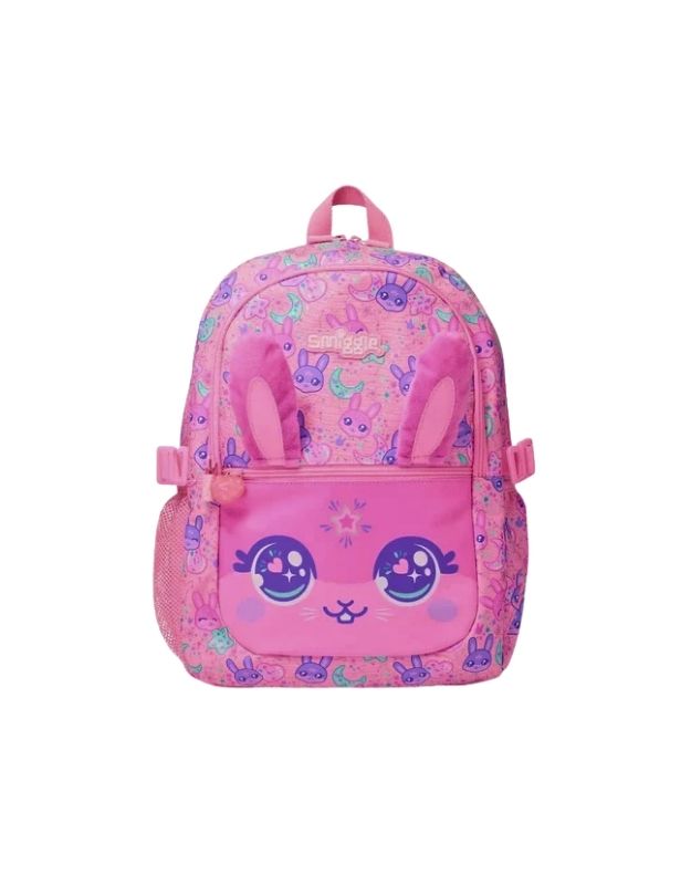 Smiggle 15 inch premium pink 3D bunny school backpack with plush ears and cute face design – front view