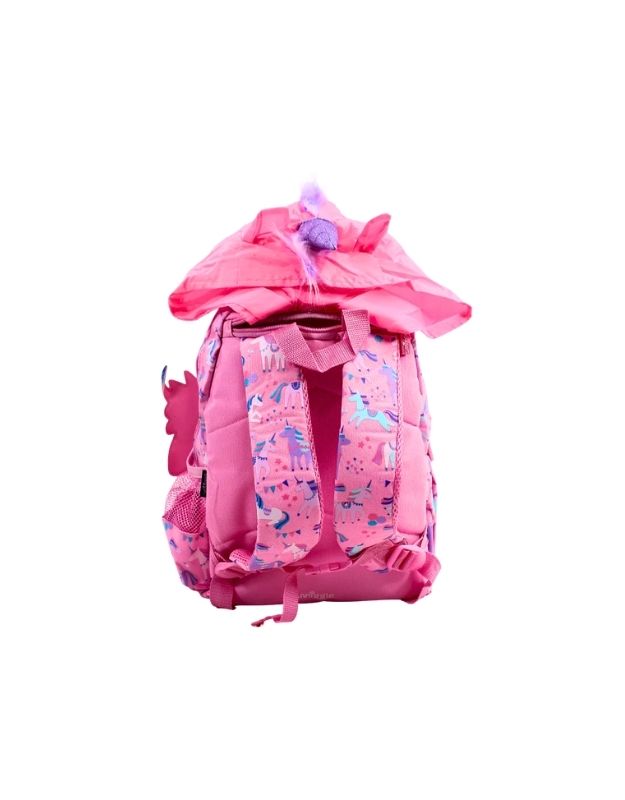 Smiggle 15" unicorn hoodie backpack back view with hood open and mane detail