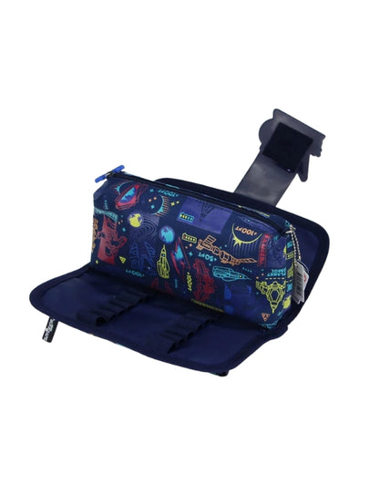 Smiggle Astronaut pencil case opened to show the interior organization. The inside features multiple mesh pockets and elastic pen loops, demonstrating the storage capacity for school supplies