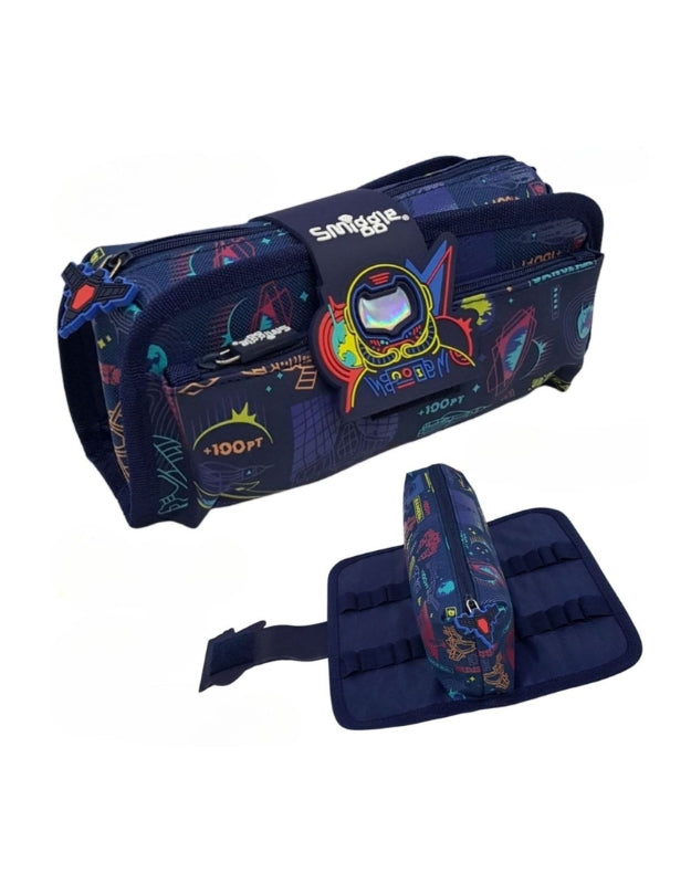 Top-down view of the Smiggle Astronaut pencil case, showing its compact and organized design