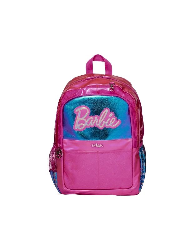 Smiggle 15-inch Barbie Large Backpack front view in pink with holographic Barbie logo