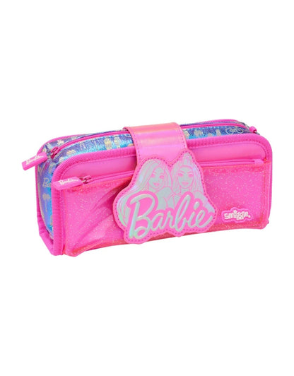 Front view of the Smiggle Barbie Utility Pencil Case featuring sparkly pink material and a Barbie logo patch.