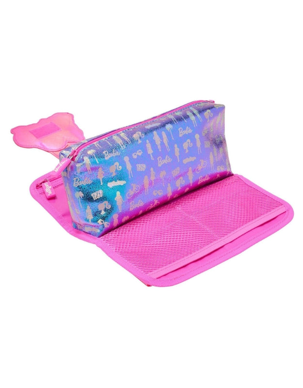 Inside view of the Smiggle Barbie Utility Pencil Case showing the metallic blue patterned interior and pink mesh compartments.