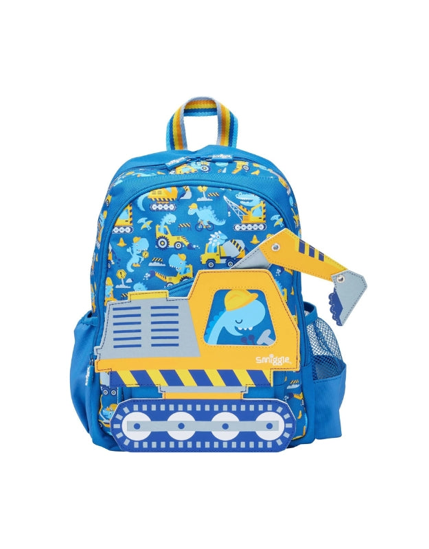 Front view of the Smiggle Big Dreams Junior Character Backpack in blue with a yellow excavator design and construction vehicle print.