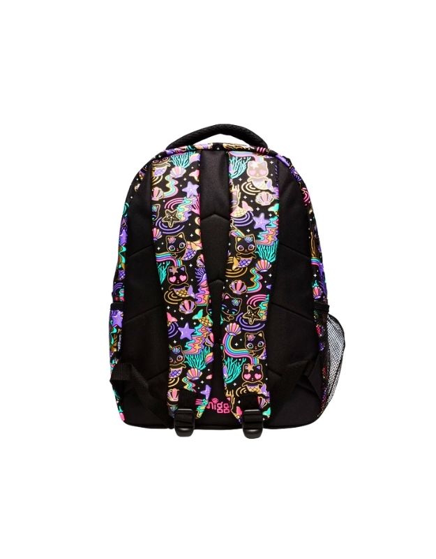 Back view of Smiggle 15-inch black cat school backpack showing padded straps