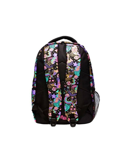 Back view of Smiggle 15-inch black cat school backpack showing padded straps