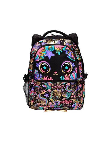 Front view of Smiggle 15-inch black cat school backpack with colorful neon design